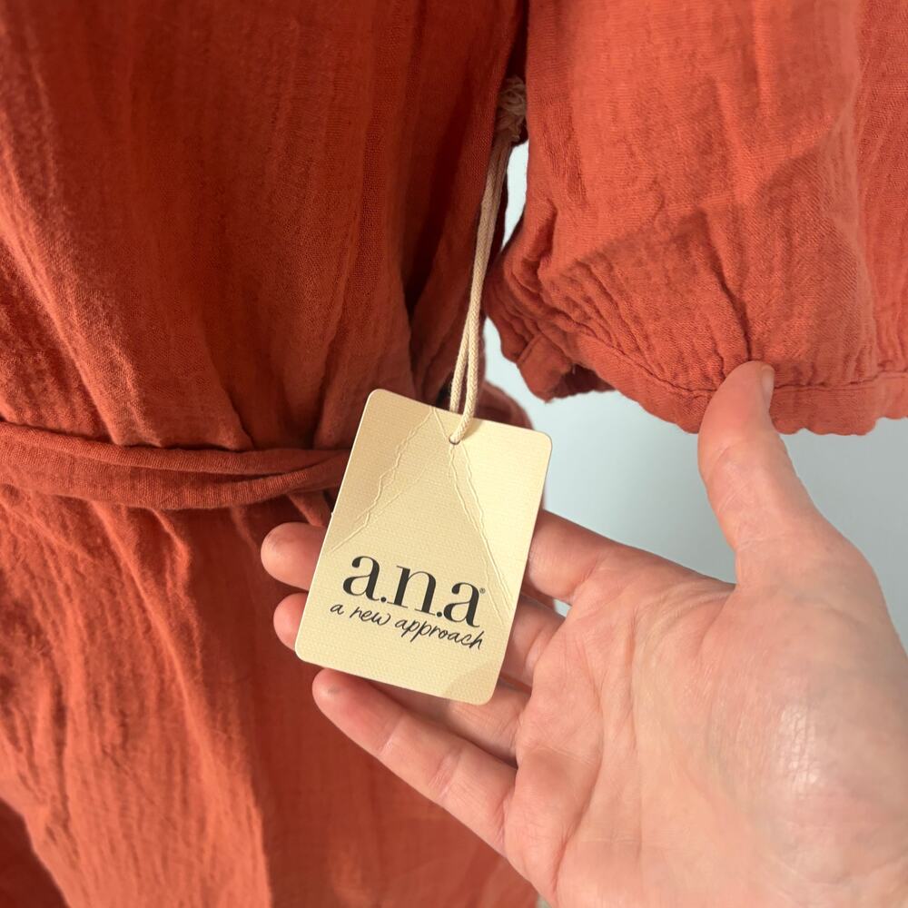 a.n.a Terracotta Gauze Midi Dress NWT Small Boho Puff Sleeve Pockets sz S - Picture 7 of 10